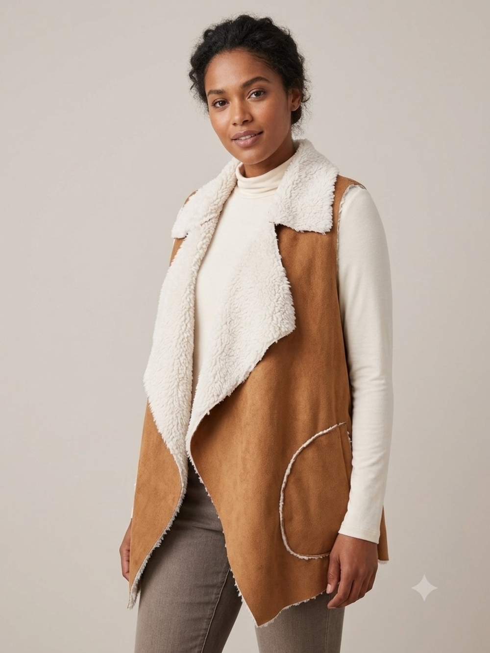 Faux Suede Shearling-Lined Vest - Camel/Cream